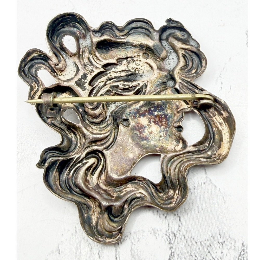 Vintage Figural Woman Face Brooch Bird Hair Art Nouveau Style Sculptural 2.5" - Picture 3 of 6